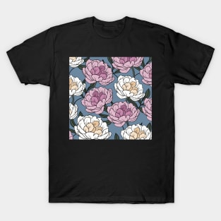 The white and pink peonies in a lovely pattern pale blue background T-Shirt